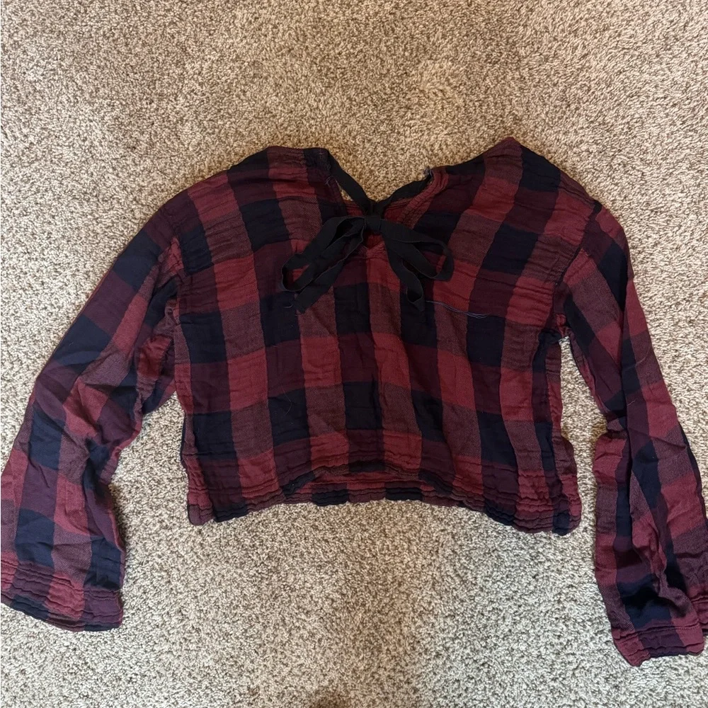 Bella Dahl Burgundy and Black Plaid Cropped Top